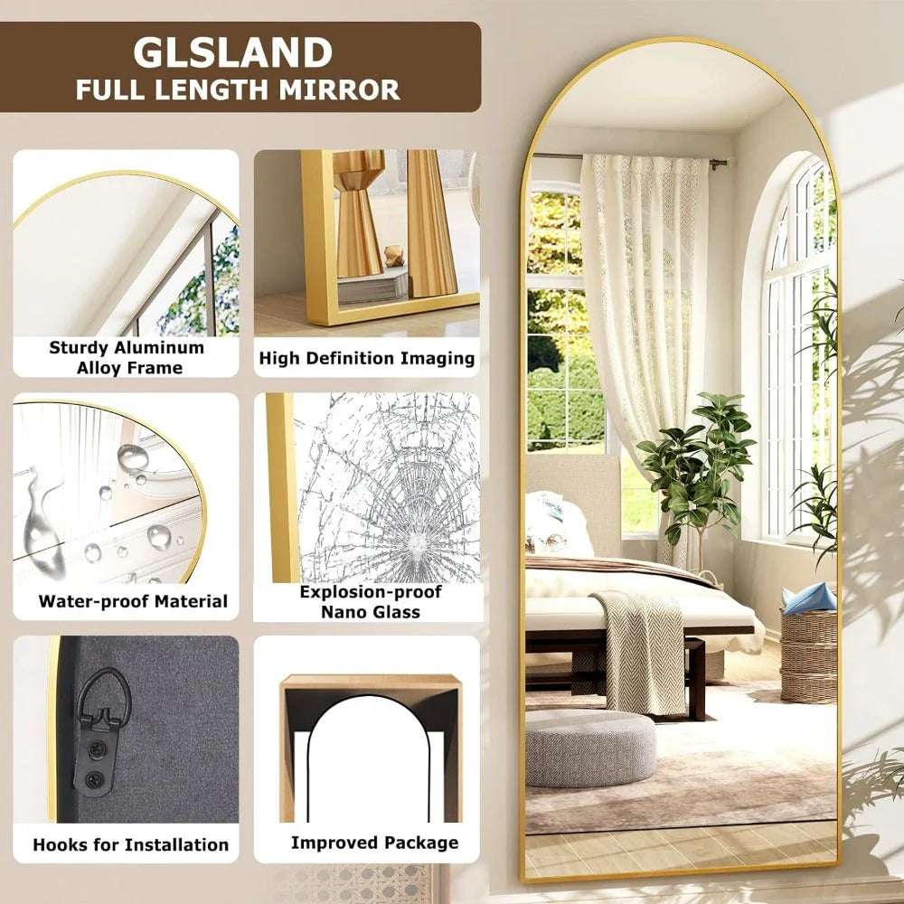 Elegant arched full-length gold mirror with premium aluminium frame, providing a high-definition reflection for your daily routine