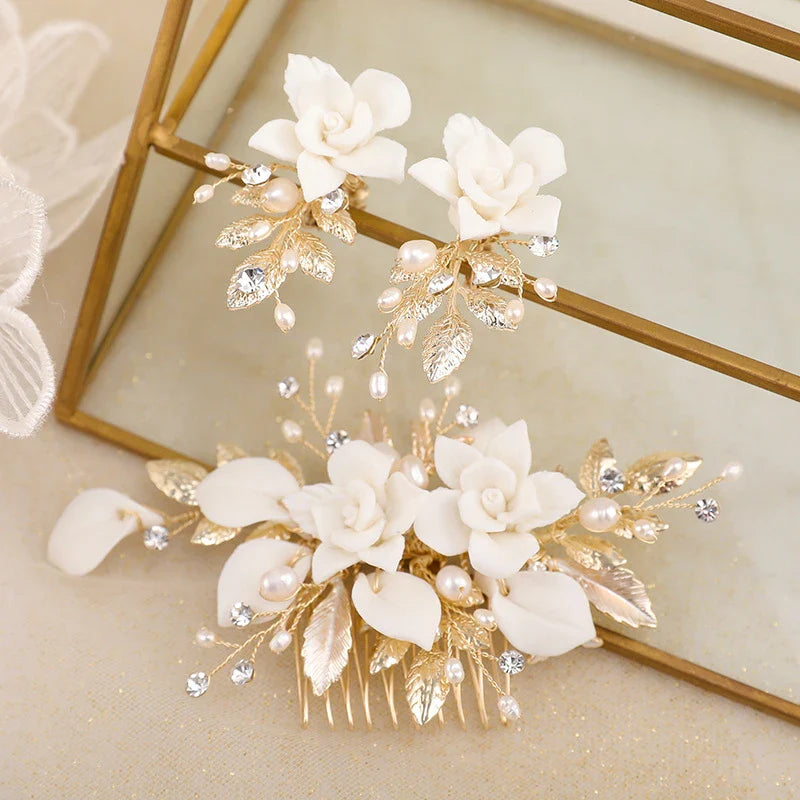 Elegant bridal hair accessories set with flower-shaped comb and gold-tone earrings