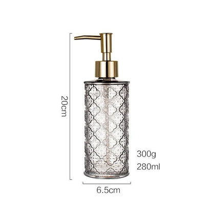 Elegant glass soap dispenser with sleek, minimalist design for bathroom and kitchen use