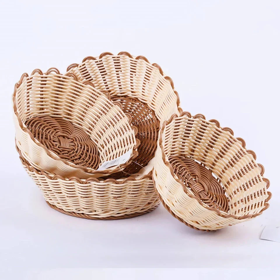 Handwoven produce and bread storage basket made from eco-friendly plastic that mimics natural rattan, with a dustproof cover to keep items fresh.