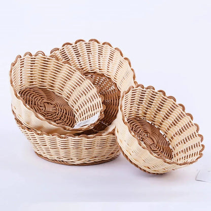 Handwoven produce and bread storage basket made from eco-friendly plastic that mimics natural rattan, with a dustproof cover to keep items fresh.