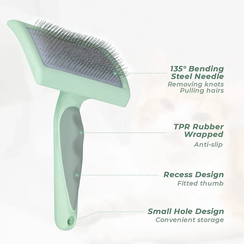 Professional Pet Slicker Brush with 135° angled steel needles, curved brush plate, and non-slip ergonomic handle