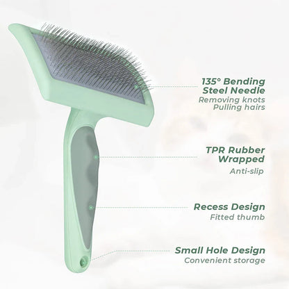 Professional Pet Slicker Brush with 135° angled steel needles, curved brush plate, and non-slip ergonomic handle