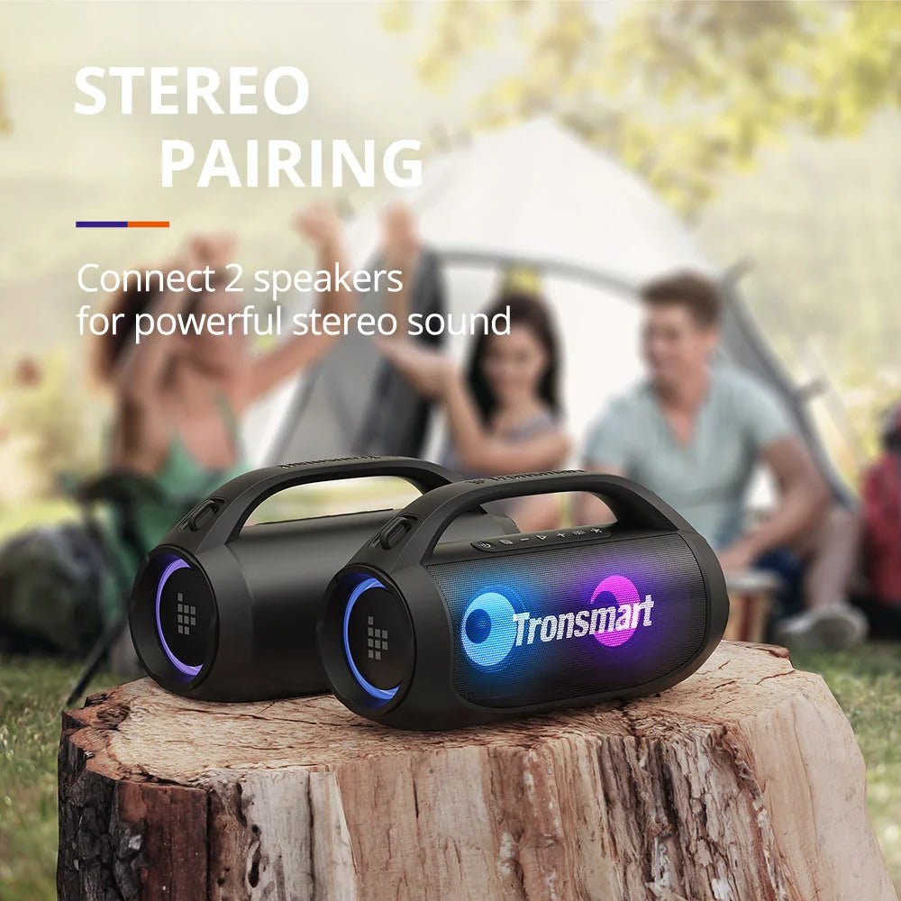 Powerful Bluetooth speaker with 40W audio, 24-hour playtime, and dynamic lighting effects for outdoor use