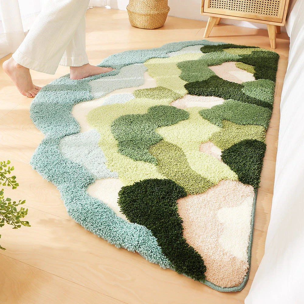 Elegant irregular-shaped Mountain Forest Flocked Carpet with a Kilim-inspired plant pattern, made from soft and durable 100% polyester material.