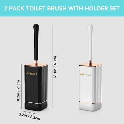 Elegant silicone toilet brush and holder set in black and white with rose gold accents, designed for modern bathroom cleaning