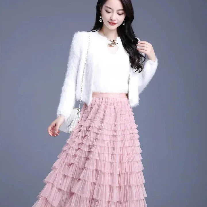 Elegant British Summer Tulle Skirt in Champagne colour, featuring a flattering A-line silhouette and charming tiered design
