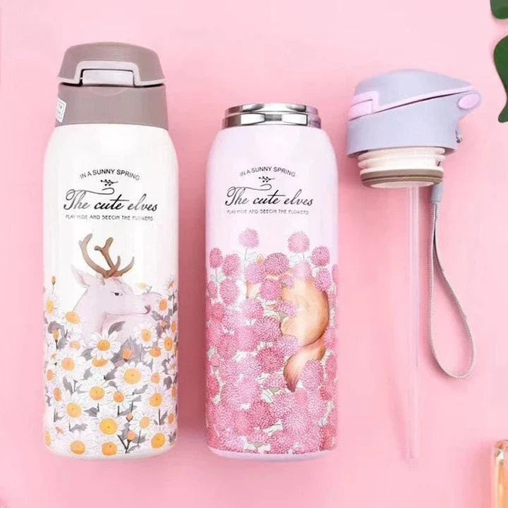 Elegant floral-patterned double-wall insulated water bottle with straw, perfect for keeping drinks chilled or warm for up to 12 hours