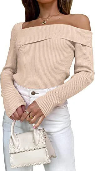 Elegant off-shoulder knitted sweater in various autumn colours, perfect for the British season