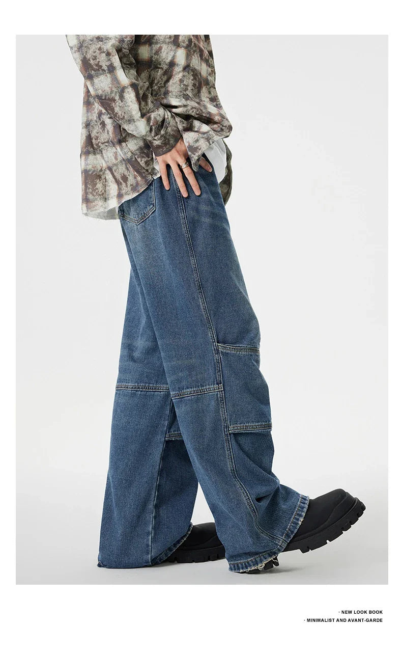 Men's overalls in retro blue denim with zipper fly and comfortable mid-waist design