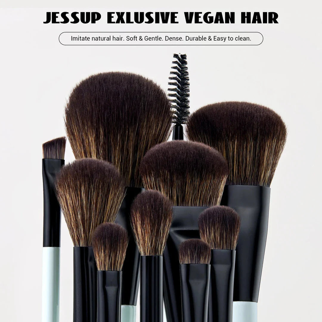 A set of 6 dual-ended makeup brushes in bright cyan and matte black, designed for seamless foundation, contour, blush, eyeshadow, and brow application.