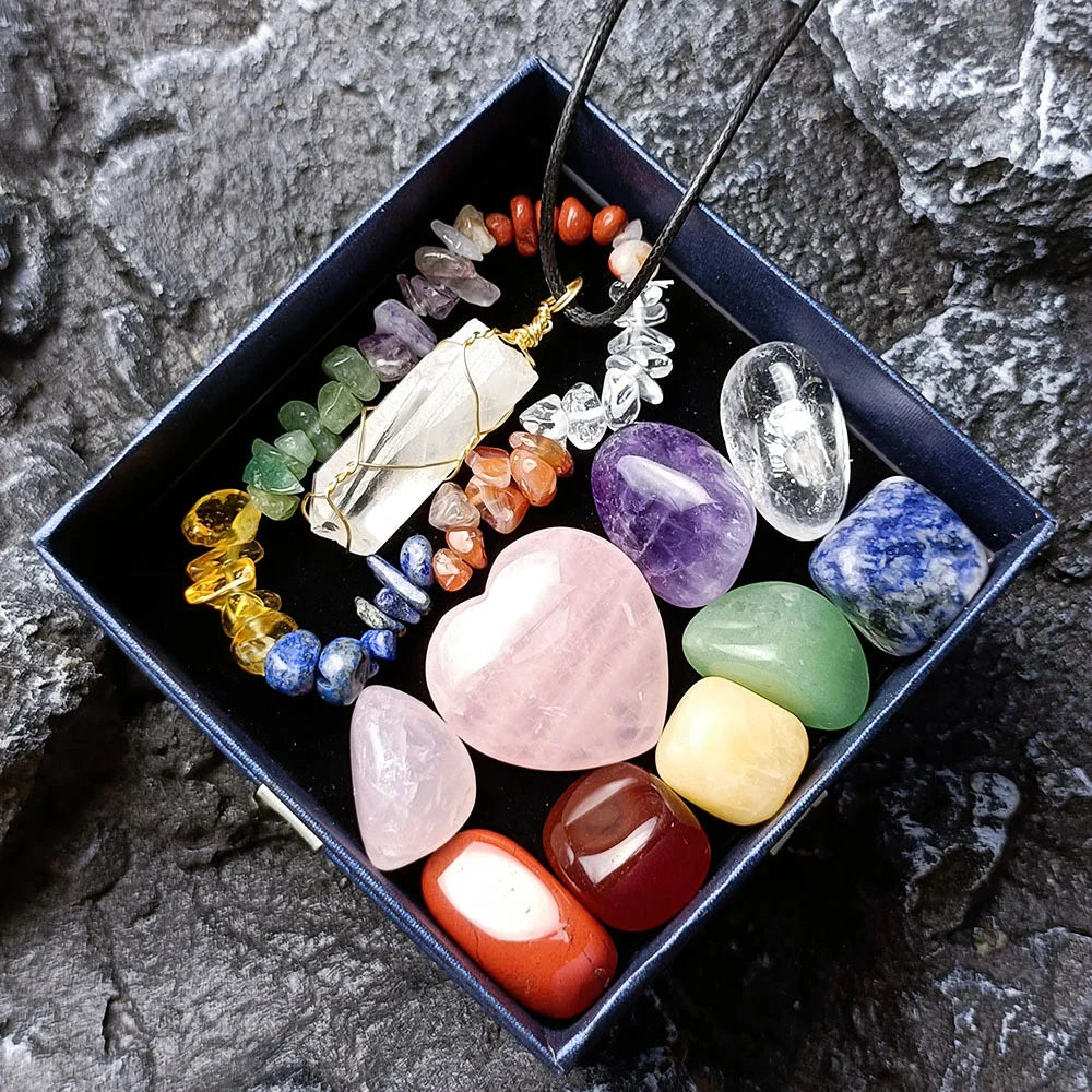Elegant Crystal Jade Chakra Combination Set with Love Hexagon Pillar, a natural crystal ornament for meditation and spiritual practices