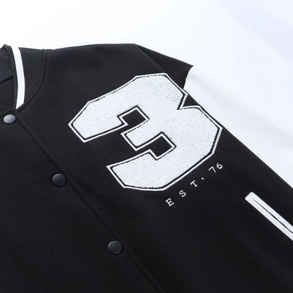 A classic British-style baseball jacket with contrast PU stitching, showcasing a sophisticated and versatile design for casual wear.