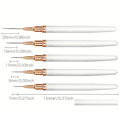A 5-piece set of precision nail art liner brushes in various sizes for creating intricate designs and patterns on nails