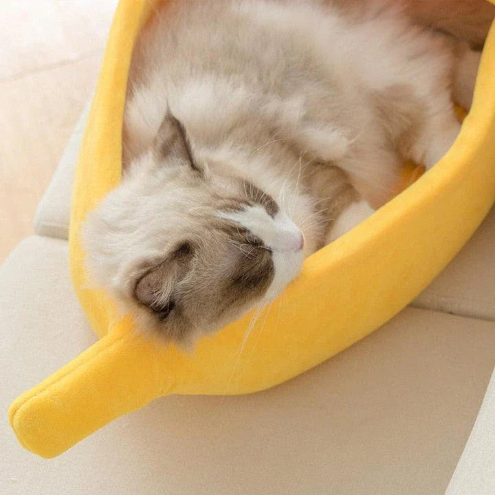 A cosy, banana-shaped cat bed made of plush, supportive materials in various vibrant colours to provide a comfortable and stylish retreat for feline friends.