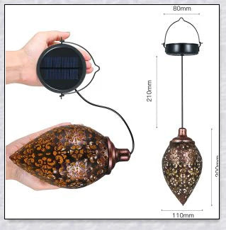 Decorative outdoor solar lanterns hanging in a lush garden, providing warm, ambient lighting