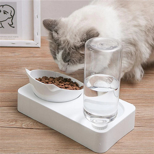 A sleek and rounded cat food and water bowl with an integrated water dispenser, made from high-quality plastic and designed for convenience and style.