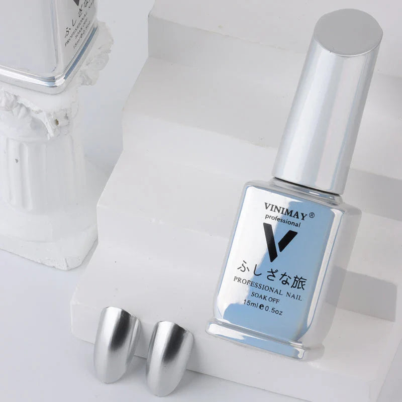 Metallic Mirror Silver Gel Nail Polish with a sleek, reflective shine for a professional, long-lasting manicure