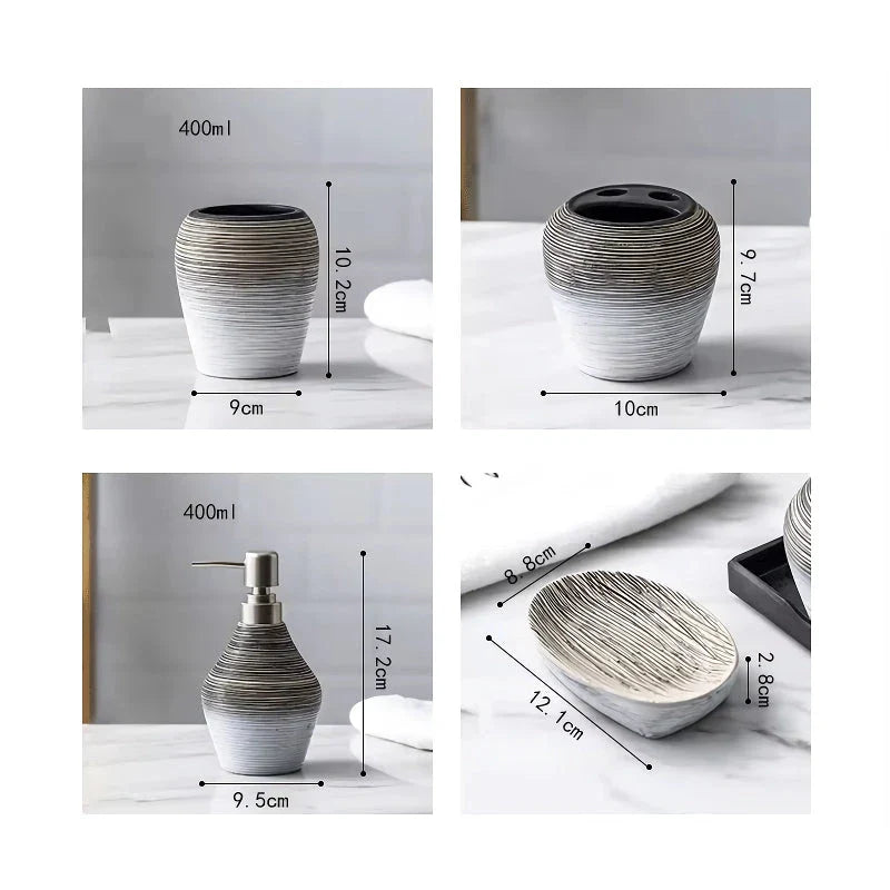 Elegant retro ceramic bathroom accessories set with soap dish, toothbrush holder, and mouthwash cup