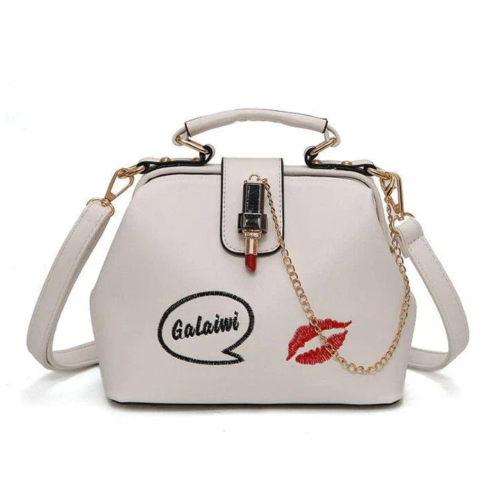 A stylish doctor's bag with a charming lipstick embroidery design, crafted from high-quality PU leather for the UK market.