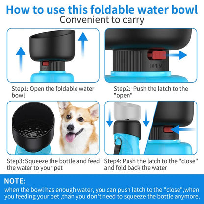 Portable dog water bottle with foldable drinking cup, made of durable, BPA-free plastic for convenient on-the-go hydration
