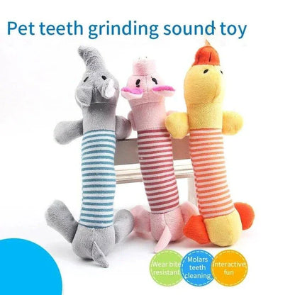 A vibrant, squeaky plush dog toy with textured stripes for dental cleaning during play