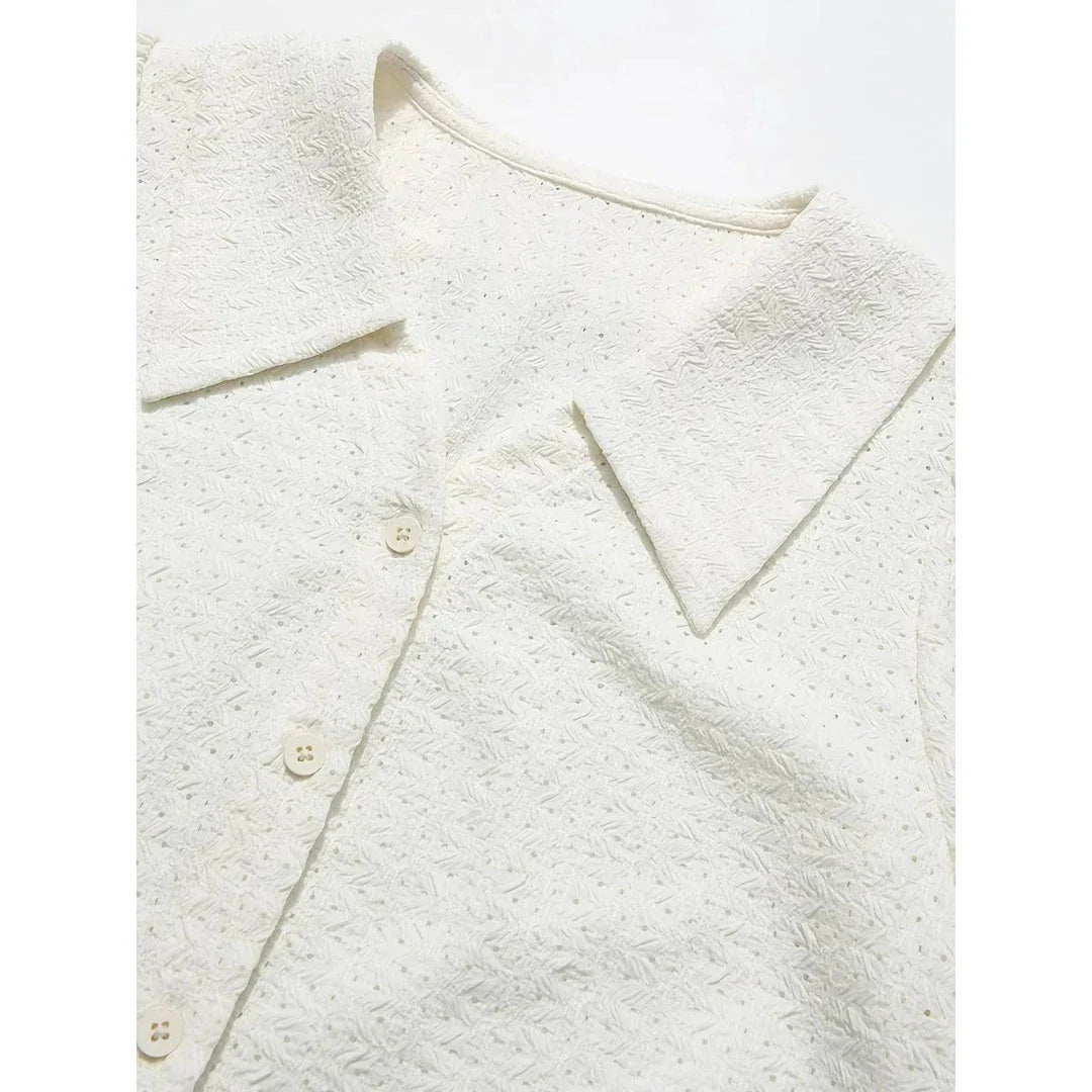 Elegant apricot French-inspired lace blouse with puff sleeves and v-neck collar, perfect for the modern British woman