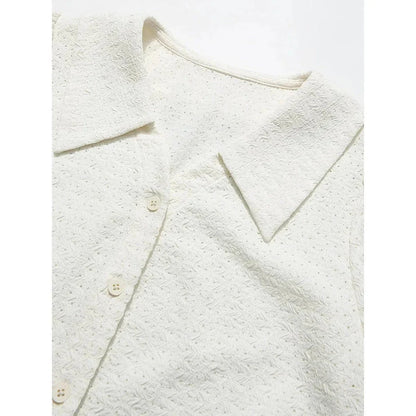 Elegant apricot French-inspired lace blouse with puff sleeves and v-neck collar, perfect for the modern British woman