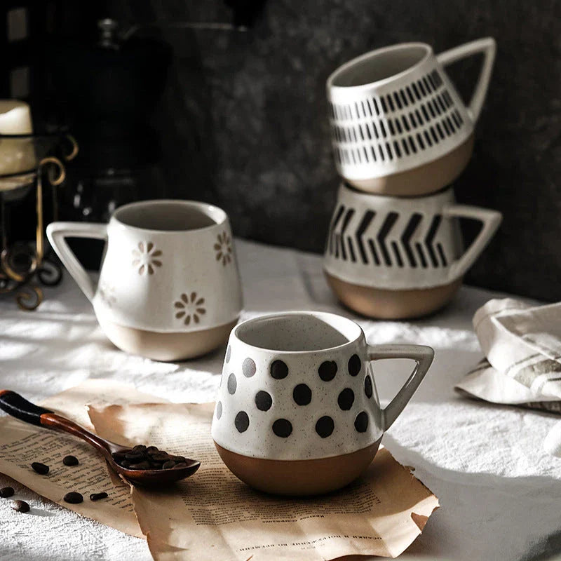 Unique hand-painted ceramic mug with retro Nordic design, featuring a large capacity and durable construction for everyday use