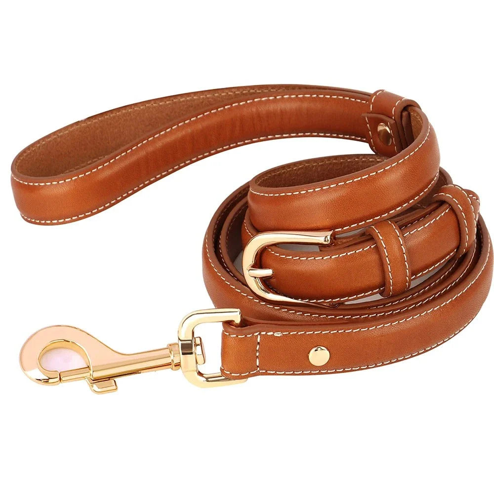Premium genuine leather dog leash with adjustable length and padded handle, suitable for all breeds