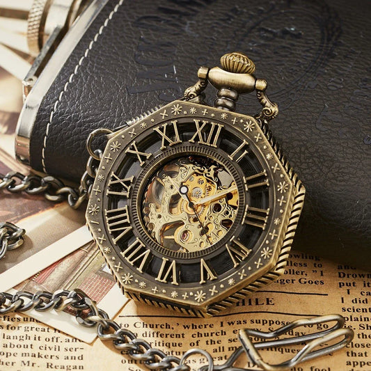 Elegant octagonal mechanical pocket watch with Roman numeral dial, made of alloy with stainless steel clasp for durability and style