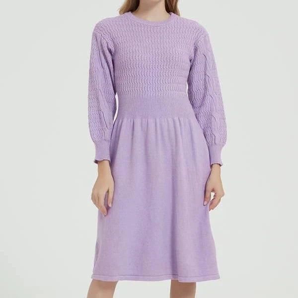 Elegant long sleeve knitted sweater dress in red with a classic A-line silhouette and mid-calf length