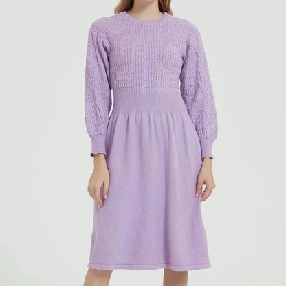 Elegant long sleeve knitted sweater dress in red with a classic A-line silhouette and mid-calf length