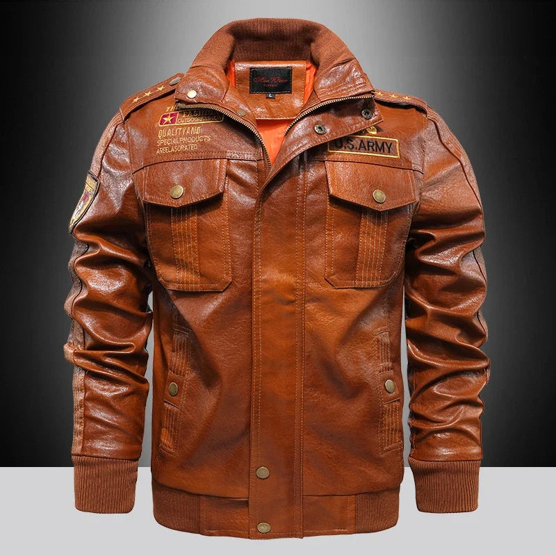 A stylish men's leather jacket with a stand collar, slim fit, and short length, offering premium quality and versatile wear.