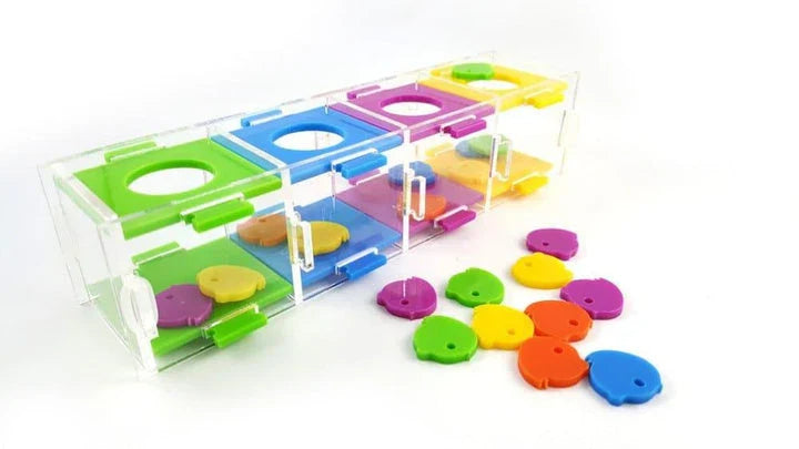 Colourful puzzle toy for parrots, featuring interlocking pieces to stimulate cognitive development and mental agility.