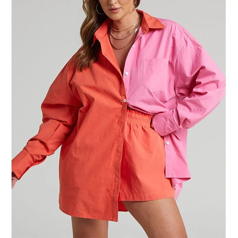 Chic high-waist cotton linen shirt and shorts set in pink, featuring a turn-down collar, long sleeves, and a relaxed, flattering fit for the modern British woman.
