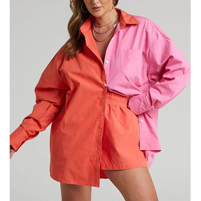 Chic high-waist cotton linen shirt and shorts set in pink, featuring a turn-down collar, long sleeves, and a relaxed, flattering fit for the modern British woman.