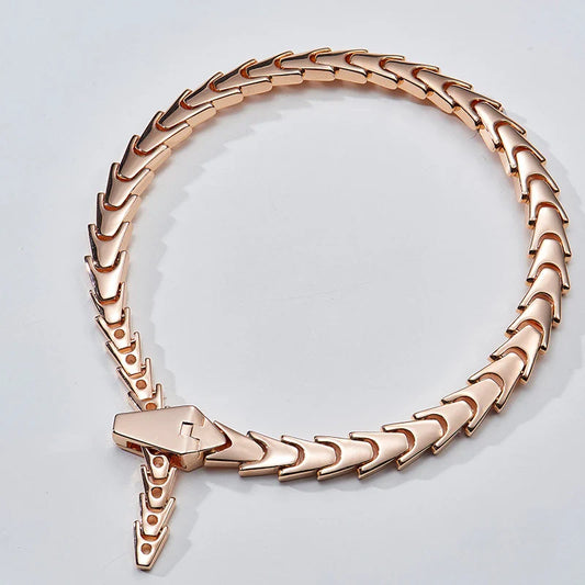 Adjustable copper snake bracelet in rose gold finish, a stylish unisex accessory for men and women