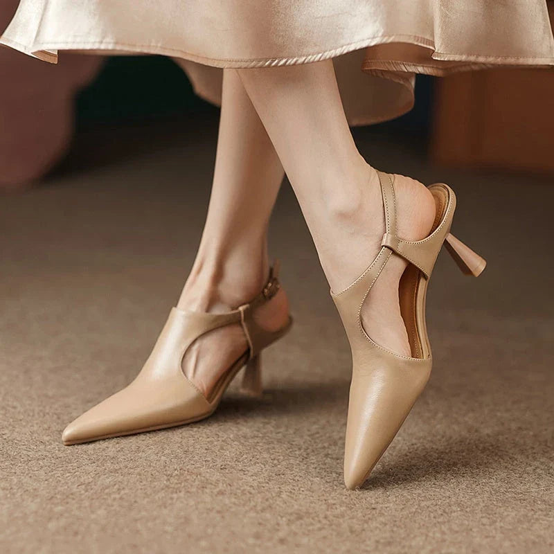 Elegant leather pointed toe high heel sandals with a sleek, sophisticated design and premium construction for a stylish and comfortable look.
