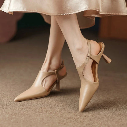 Elegant leather pointed toe high heel sandals with a sleek, sophisticated design and premium construction for a stylish and comfortable look.