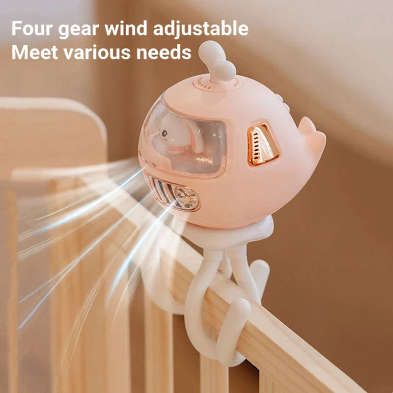 Cartoon Safety Bladeless Stroller Fan with Adorable Night Light and Mosquito Repellent Function