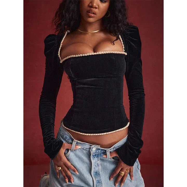 Elegant backless square collar blouse with shoulder pads for a sophisticated and confident look