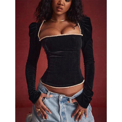 Elegant backless square collar blouse with shoulder pads for a sophisticated and confident look
