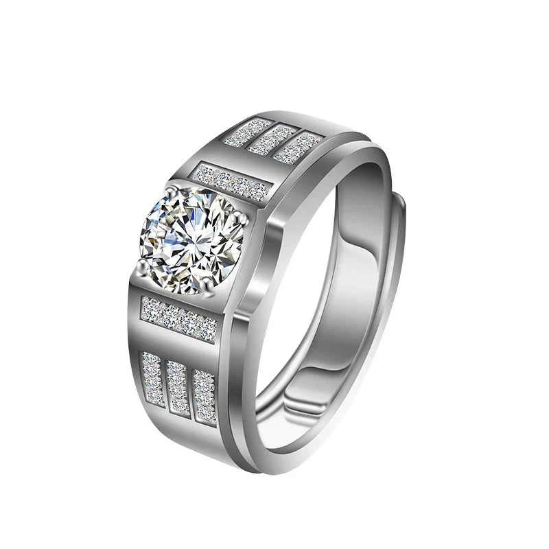 Premium S925 silver ring with a sparkling moissanite gemstone, suitable for unisex wear with an adjustable opening for a customized fit.