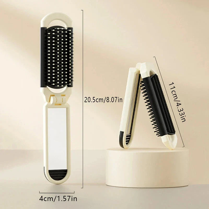 Compact, folding hairbrush with mirror and massage comb - a versatile grooming accessory for modern women