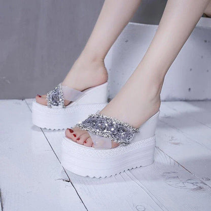 Rhinestone-embellished platform sandals with super high wedge heel and sponge cake sole