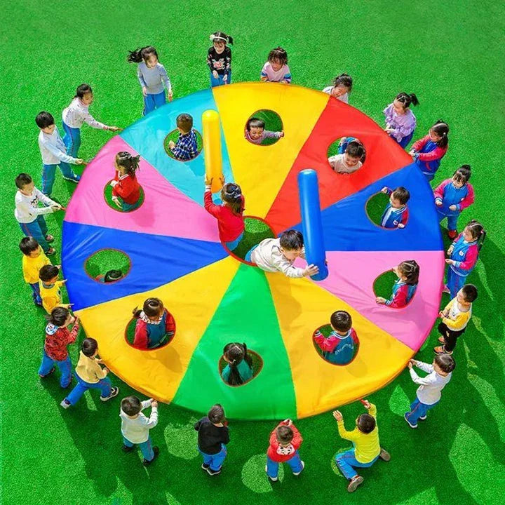 Vibrant rainbow-coloured parachute game for group play, promoting teamwork and skill development