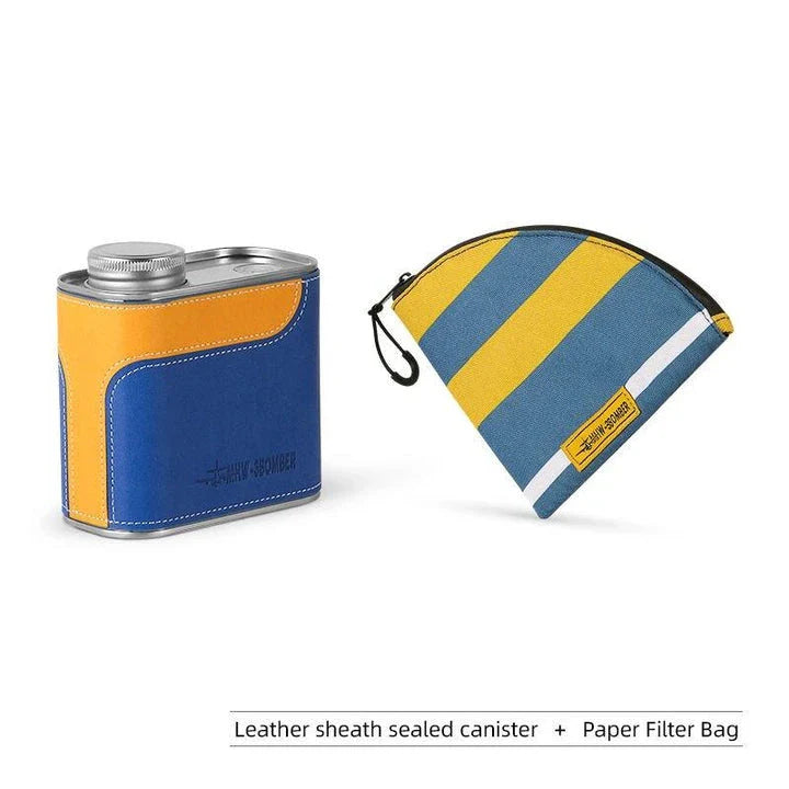 Airtight metal coffee and tea canister with portable filter paper storage, perfect for camping and home use