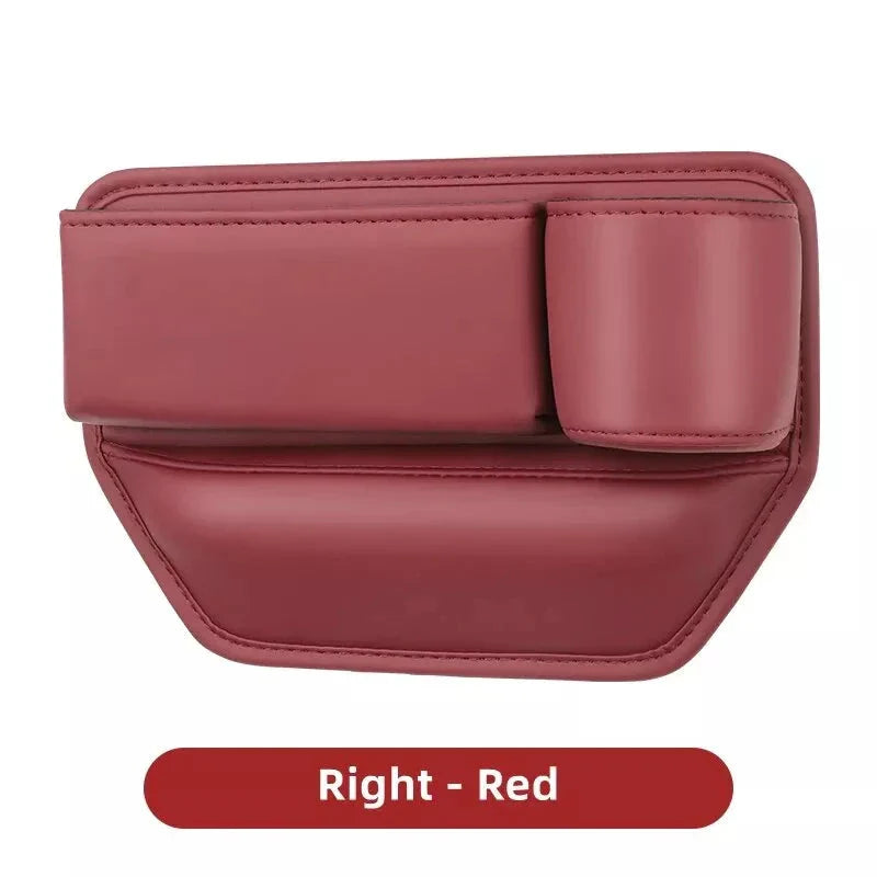 Leather Car Seat Gap Organiser with multiple storage compartments and cup holder, designed for easy installation and a sleek look in your vehicle.