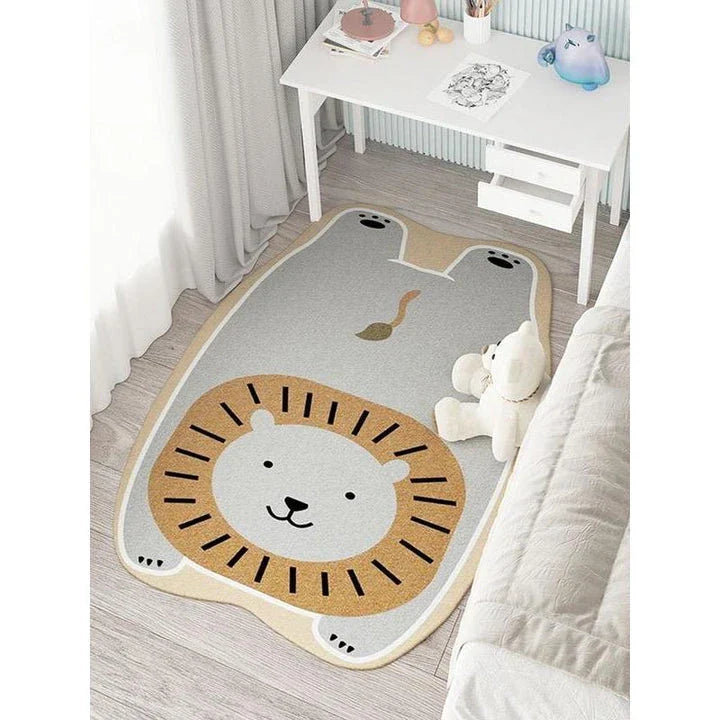 Charming animal-themed decorative rugs in various designs, including cats, foxes, lions, dogs, bunnies, wolves, and bears, adding a touch of whimsy and warmth to living rooms, bedrooms, and other cosy spaces.